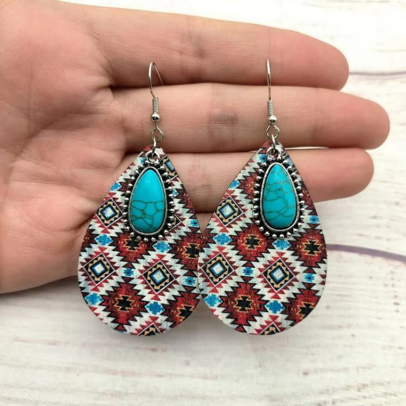 Women Bohon Vintage Turquoise Teardrop Aztec Wooden Earrings