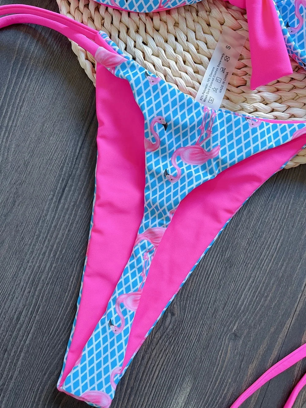 Women Two-Piece Push up Grid Flamingo Print Swimsuit Thongs Bikini Bathing Suit