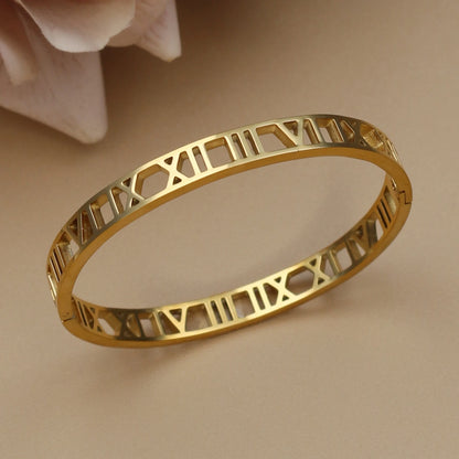 Fashion Stainless Steel Crystal Cutout Roman Numeral Design Gold Color Bracelet Women's Jewely
