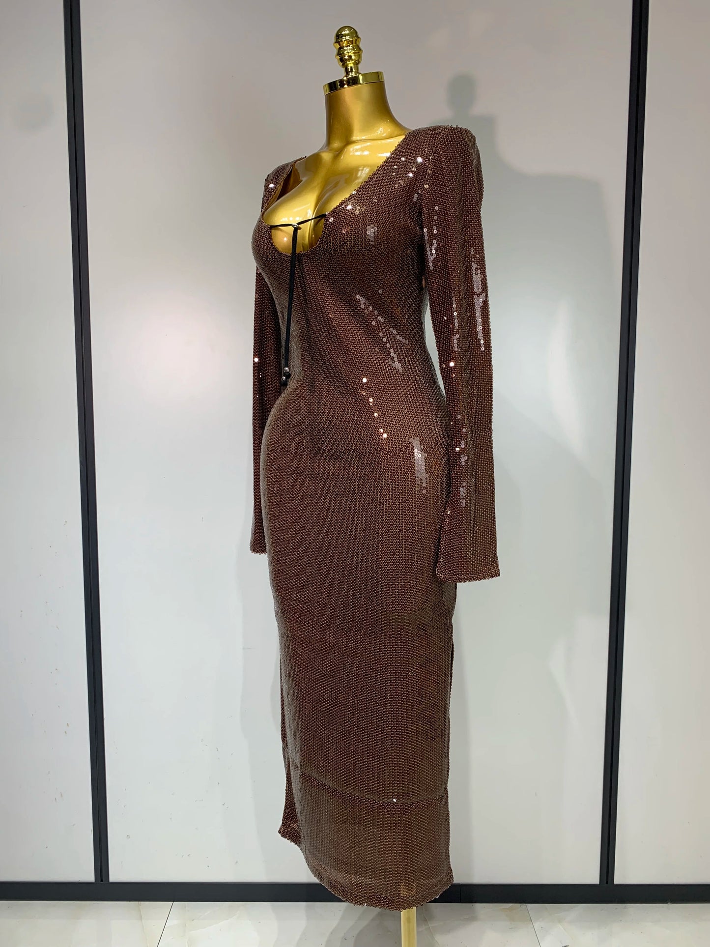 Women Sparkly Sequins Deep V Long Sleeves Midi Celebrity Birthday Party Prom Dress