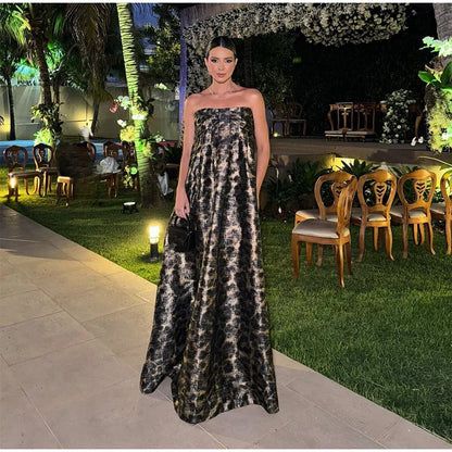 Elegant Leopard Print Strapless Pleated Long Chic Backless Off Shoulder Loose Prom Party Dress