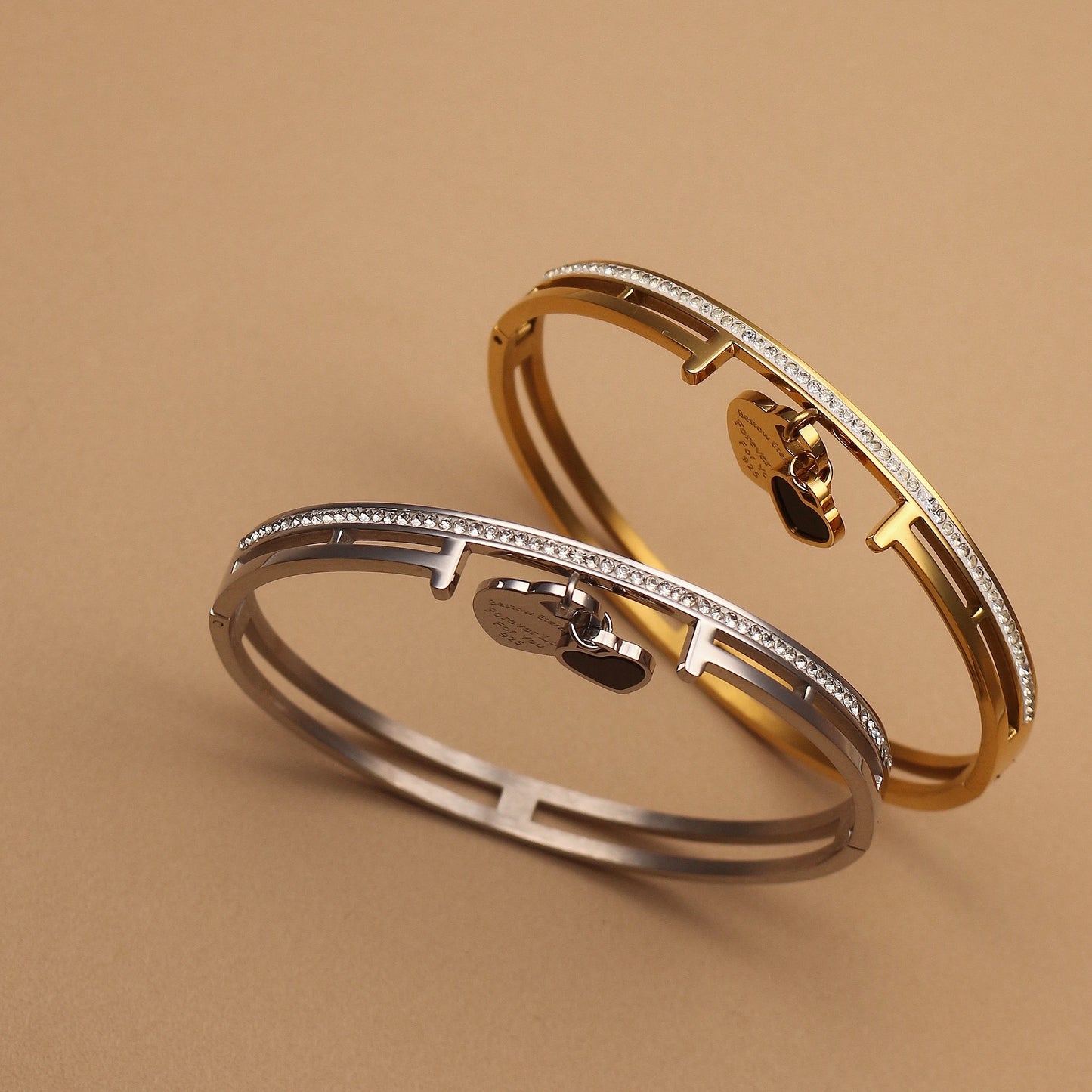 Women Fashion Double Peach Heart Love Stainless Steel Gold Color Bracelet Bangle Gifts