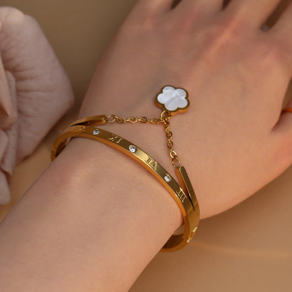 Roman Numeral Crystal Flower Shaped Pendant Stainless Steel Bracelet Bangles