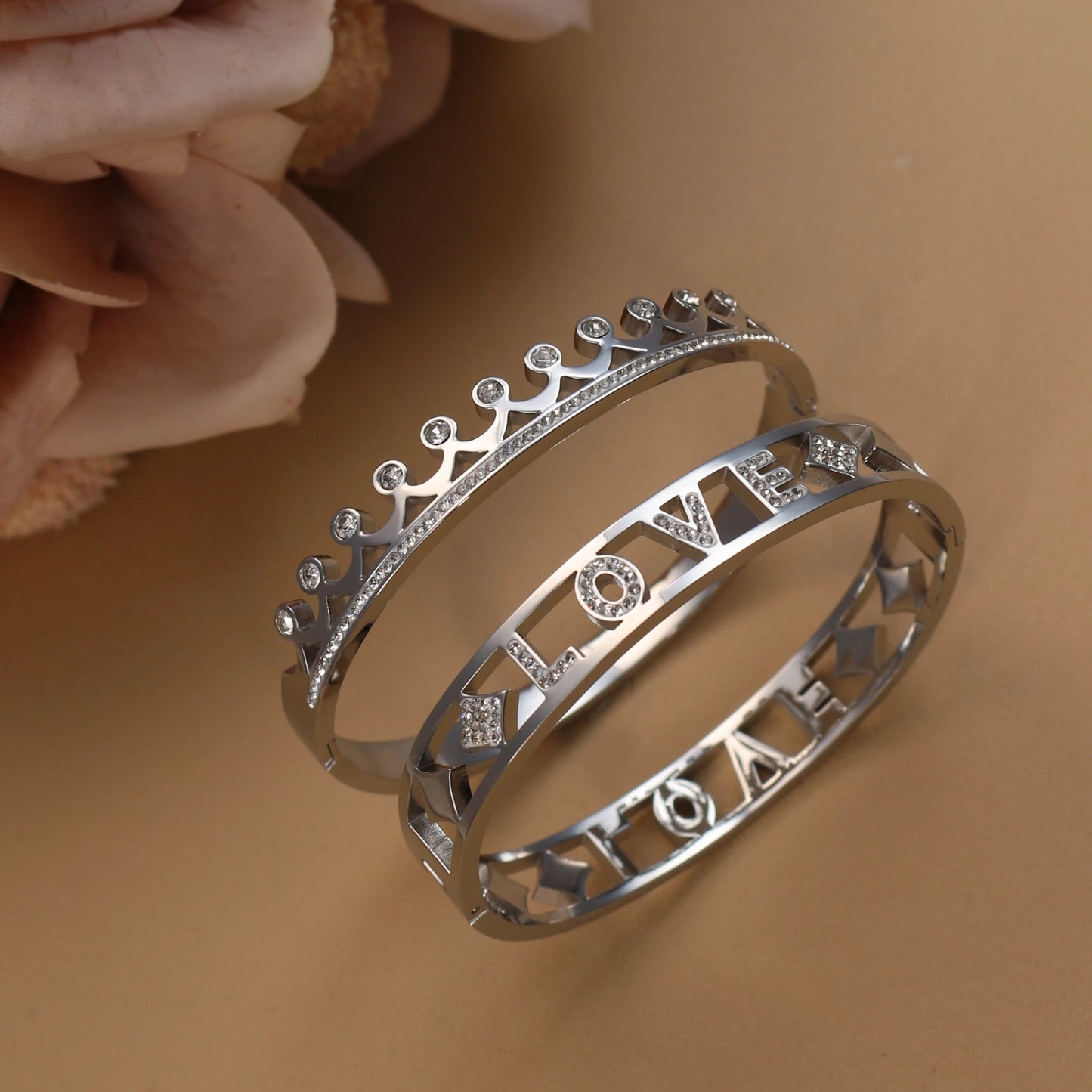 Delicate Crystal Crown LOVE Stainless Steel Gold Color Cutout Design Women's Charm Bracelet