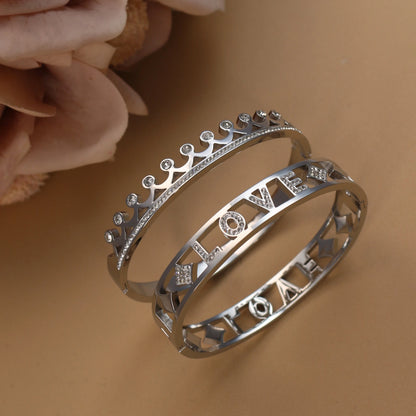 Delicate Crystal Crown LOVE Stainless Steel Gold Color Cutout Design Women's Charm Bracelet
