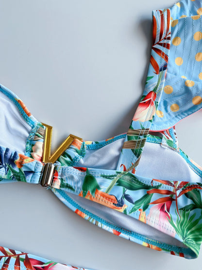 Two-Pieces Sexy Floral Push-Up Strappy Ruffles Bandage Bikini Swimsuit Swimwear Bathing Suit