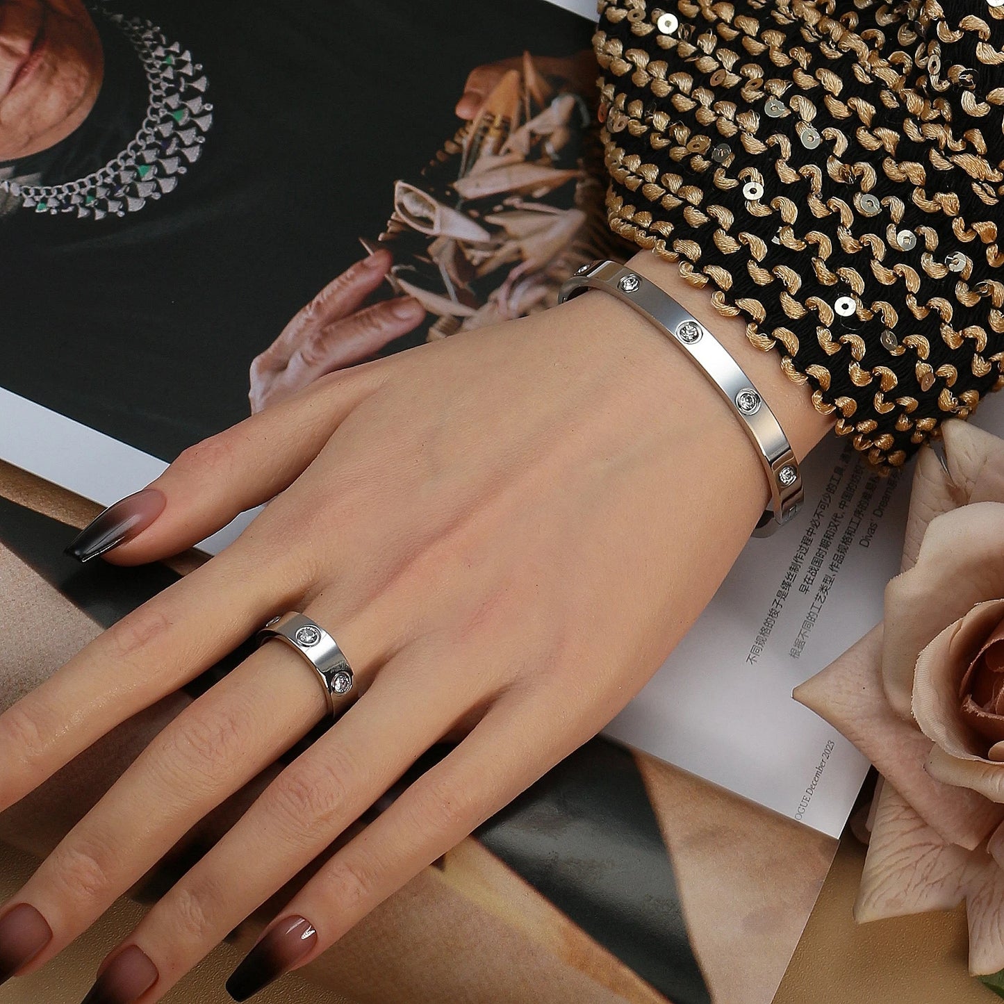 2-in-1 Women 18K Gold-Plated Stainless Steel Bracelet Ring Jewelry Set.