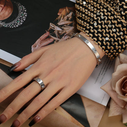 2-in-1 Women 18K Gold-Plated Stainless Steel Bracelet Ring Jewelry Set.