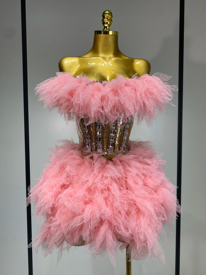 Sexy Strapless Mesh Two Pieces Celebrity Night Party Prom Birthday Dress