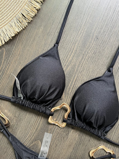 Women Bikini Solid Color Lace-up Split Two-piece Swimsuit Swimwear Suit