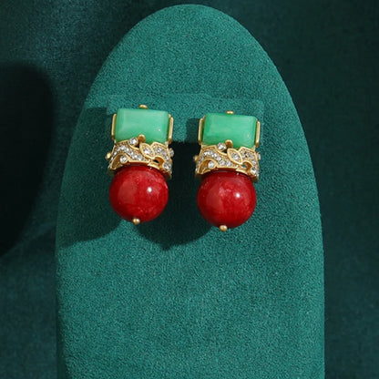 Antique Jewelry Green Natural Stone Red Glass Ball Stud Crown Vintage Wedding Earrings