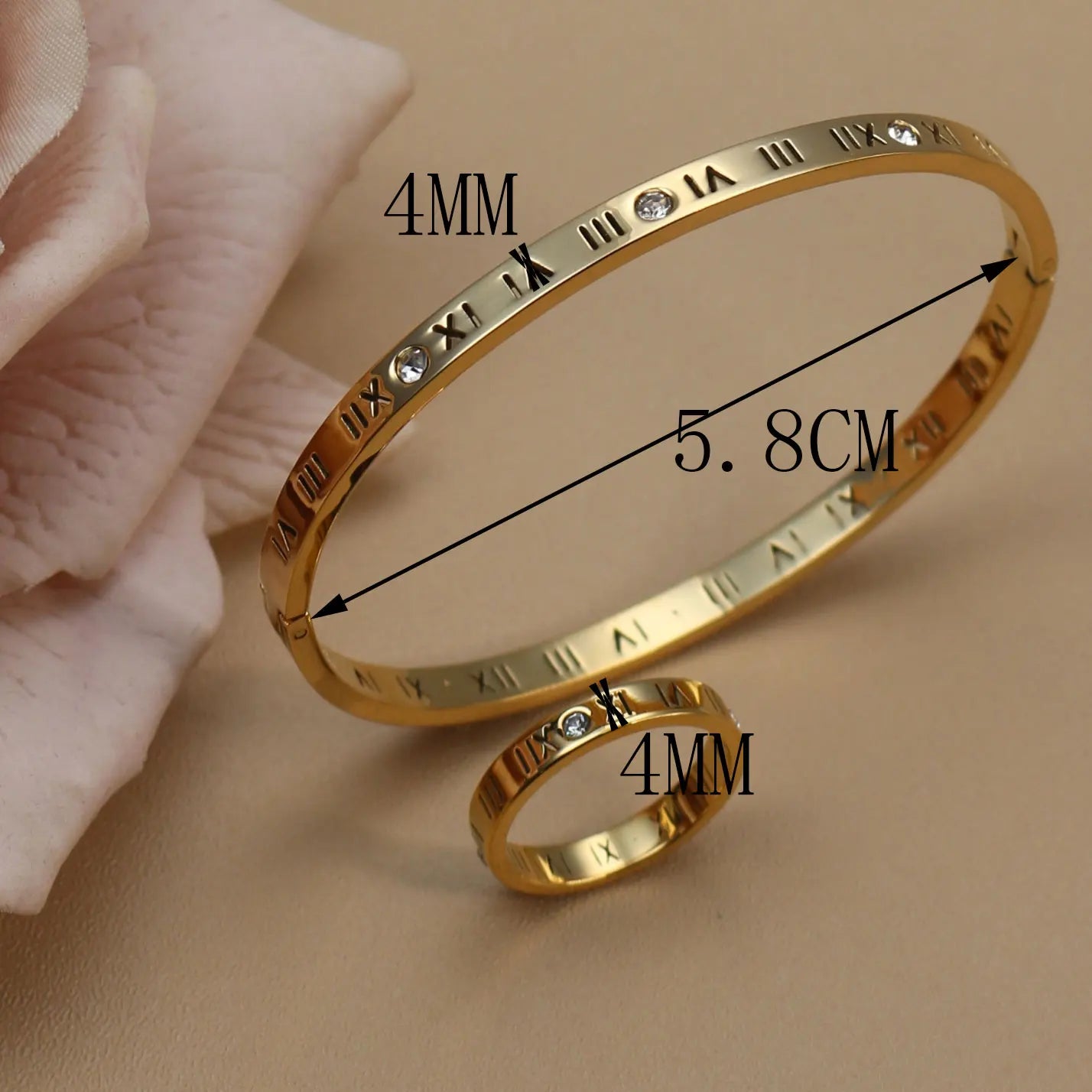 Stainless Steel 18K gold plated Roman Numeral Bracelet Bangles Ring 2-in-1 Jewelry