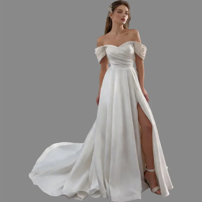 Princess Off The Shoulder A-Line Satin Pleats Lace Appliques Ball Gown Bridal Wedding Dress
