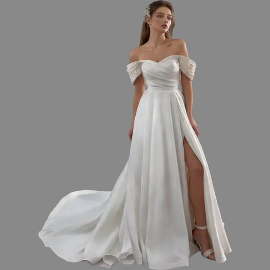 Princess Off The Shoulder A-Line Satin Pleats Lace Appliques Ball Gown Bridal Wedding Dress