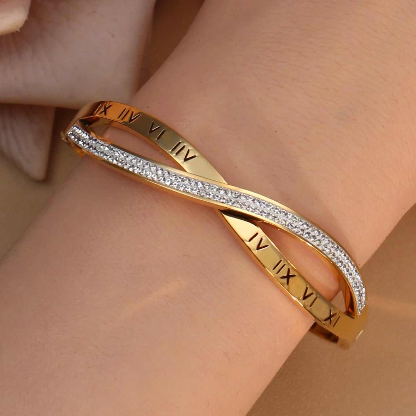 Crystal Cross Roman Letter Design Stainless Steel Gold Color Charm Bracelet Gifts
