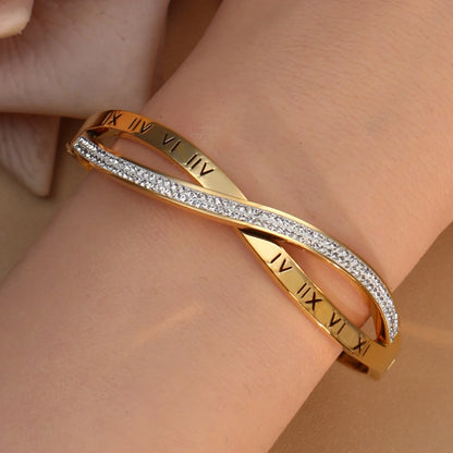 Crystal Cross Roman Letter Design Stainless Steel Gold Color Charm Bracelet Gifts