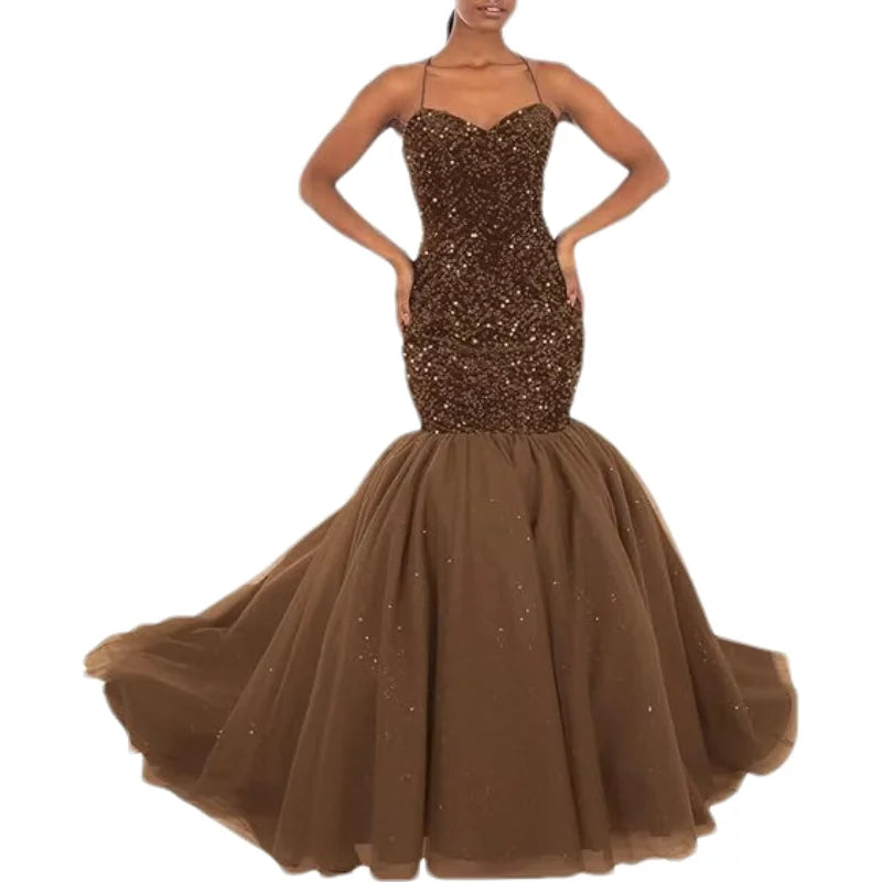 Sparkly Sequin Prom Women Long Tulle Halter Ball Gown Sleeveless Mermaid Formal Evening Party Dress