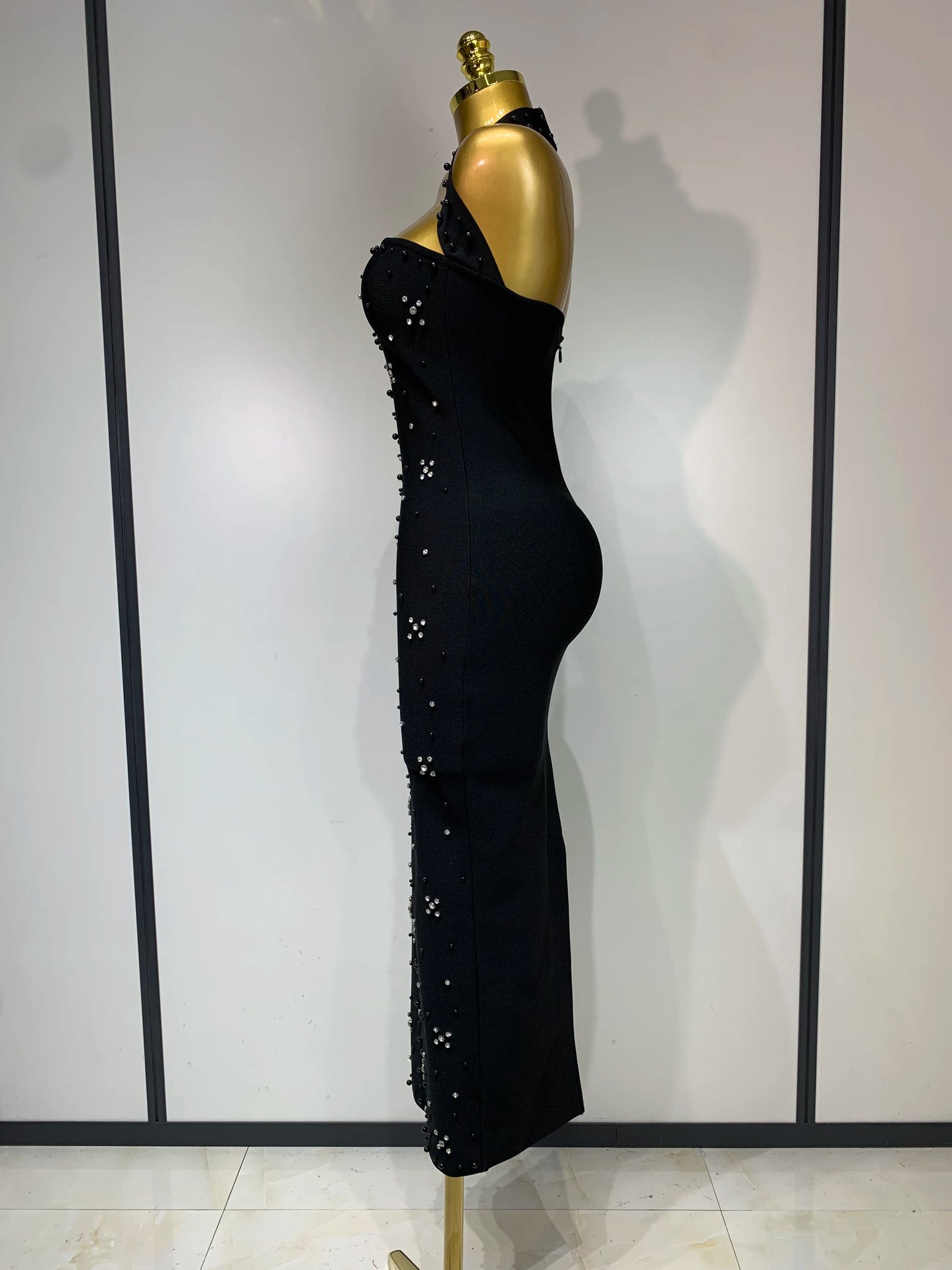 Sexy Sparkly Rhinestone Pearl Halter Backless Bandage Long Birthday Evening Party Dress