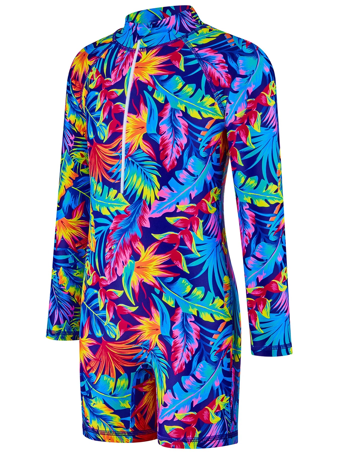 Girls Kids One-Piece Long Sleeve All-over Plant Print Beach Boyleg Shorts Swimming Suit Swimsuit