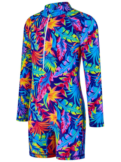 Girls Kids One-Piece Long Sleeve All-over Plant Print Beach Boyleg Shorts Swimming Suit Swimsuit