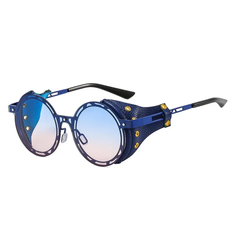 Oversized Men Women Vintage Designer Punk Metal Shades Round Steampunk Leather Eyeglasses UV400 Sunglasses