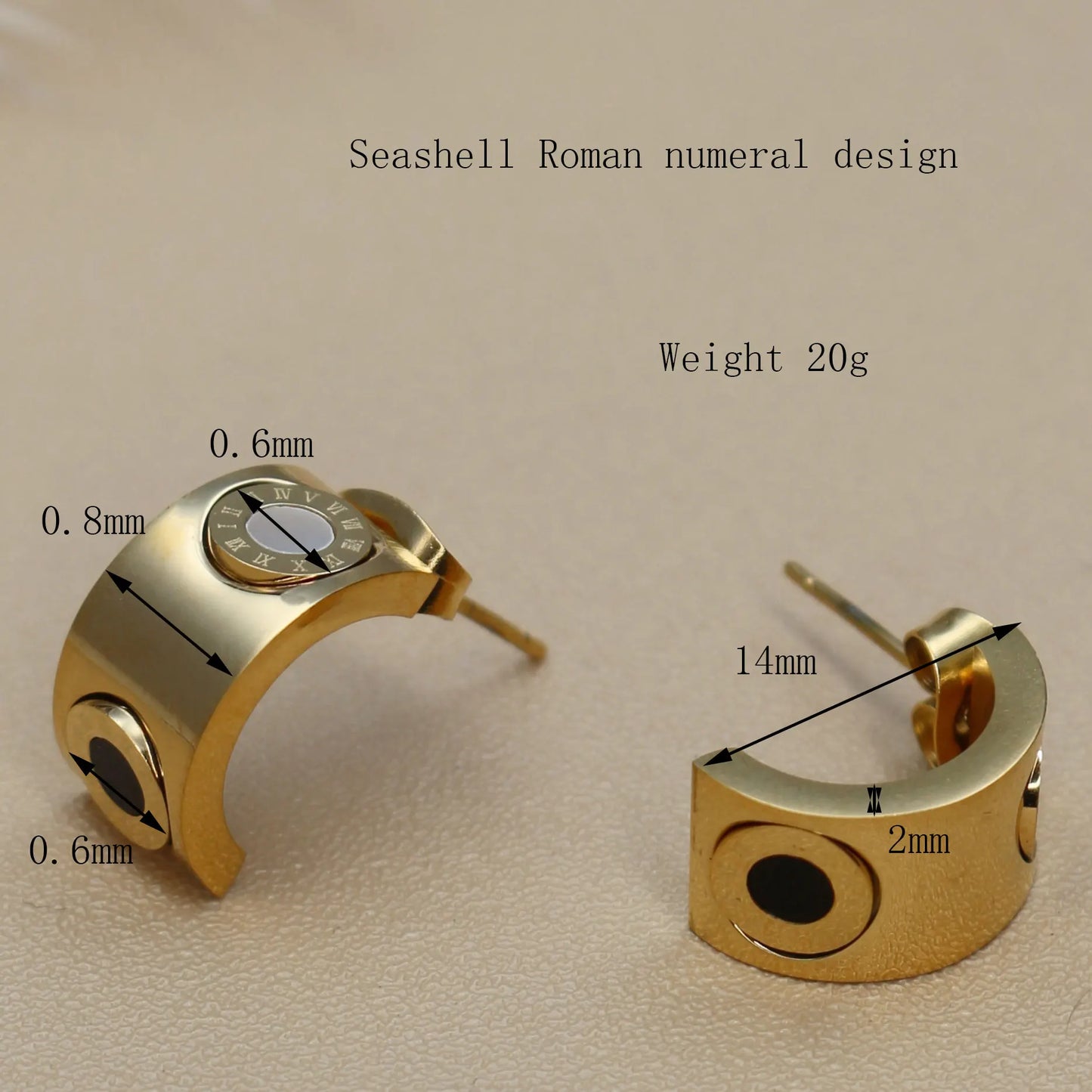 Stainless Steel Inlay Double Circle Roman Numeral Black & White Shell Half Round Stud Earrings