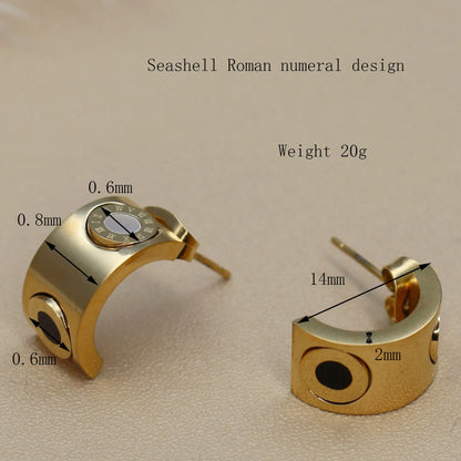 Stainless Steel Inlay Double Circle Roman Numeral Black & White Shell Half Round Stud Earrings