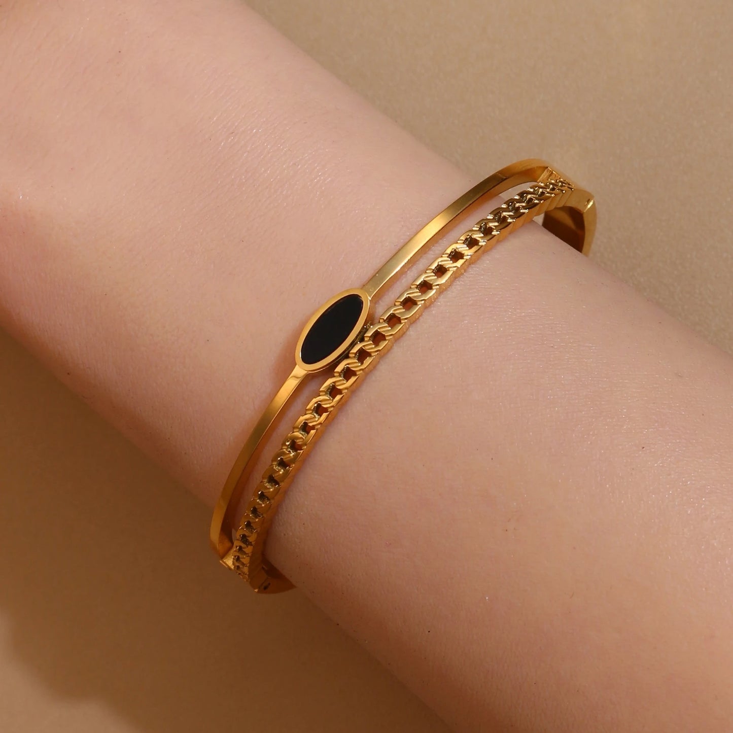 Luxury 2-In-1 Wedding Gold Black Acrylic Stainless Steel Ring Bangles Set