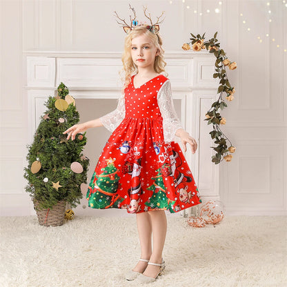 Girls Kids New Year Party Santa Claus Snowman Print Cosplay Costume Xmas Princess Theme Party Dress