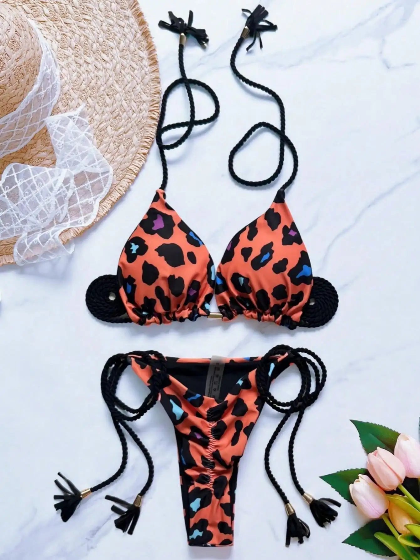 Sexy Leopard Print Women's Split Bikini Woven Rope Strap Fringe Two-Piece Swimsuit Bathing Suit