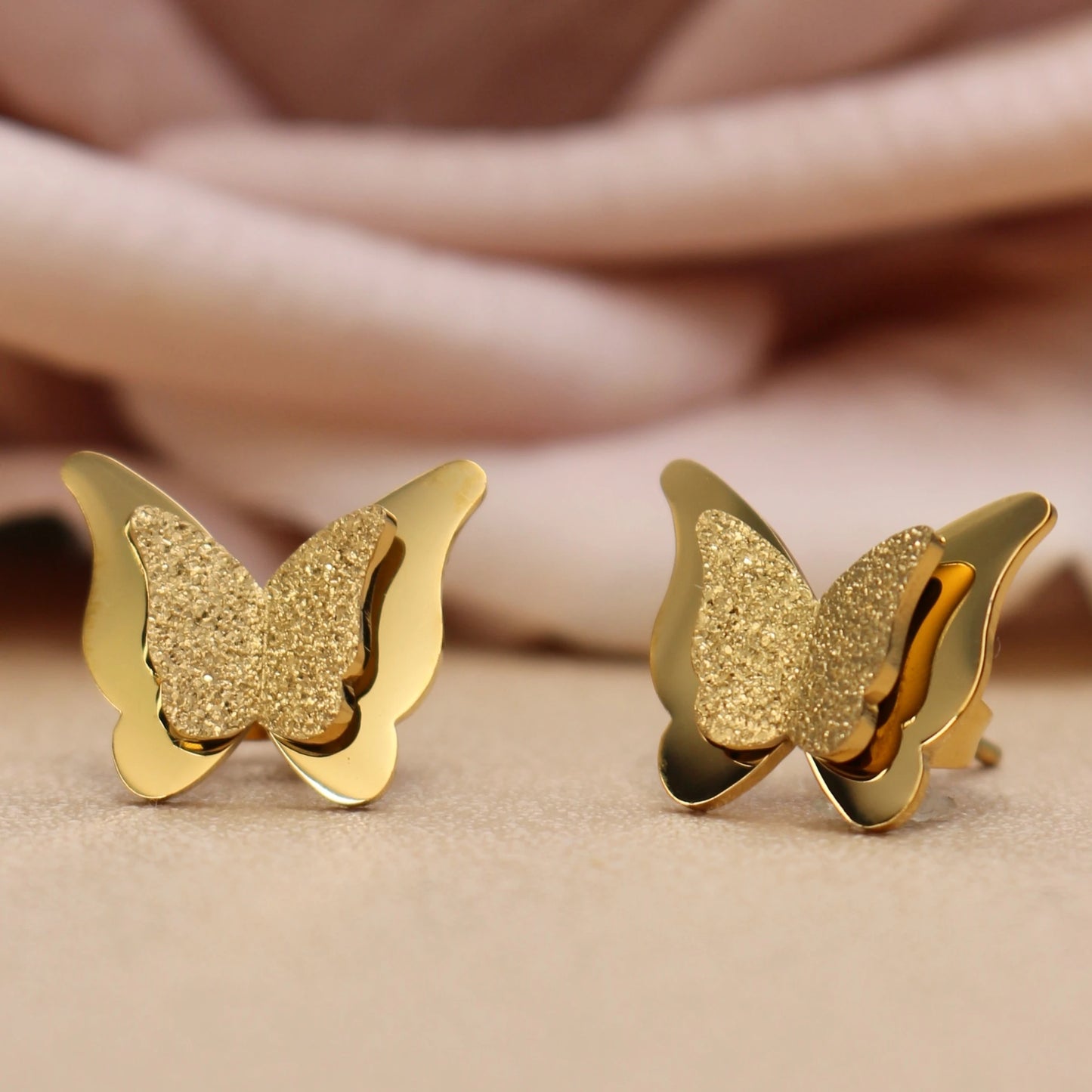 Sweet Romantic Gold Color Three-Dimensional Butterfly Design Stainless Steel Stud Earrings