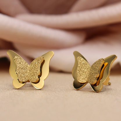 Sweet Romantic Gold Color Three-Dimensional Butterfly Design Stainless Steel Stud Earrings