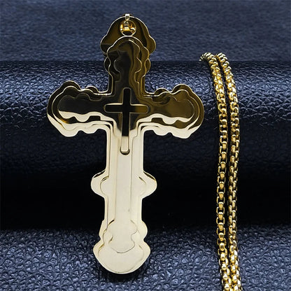 Men Big Cross Jesus Stainless Steel Gold Color Christ God Chain Necklace