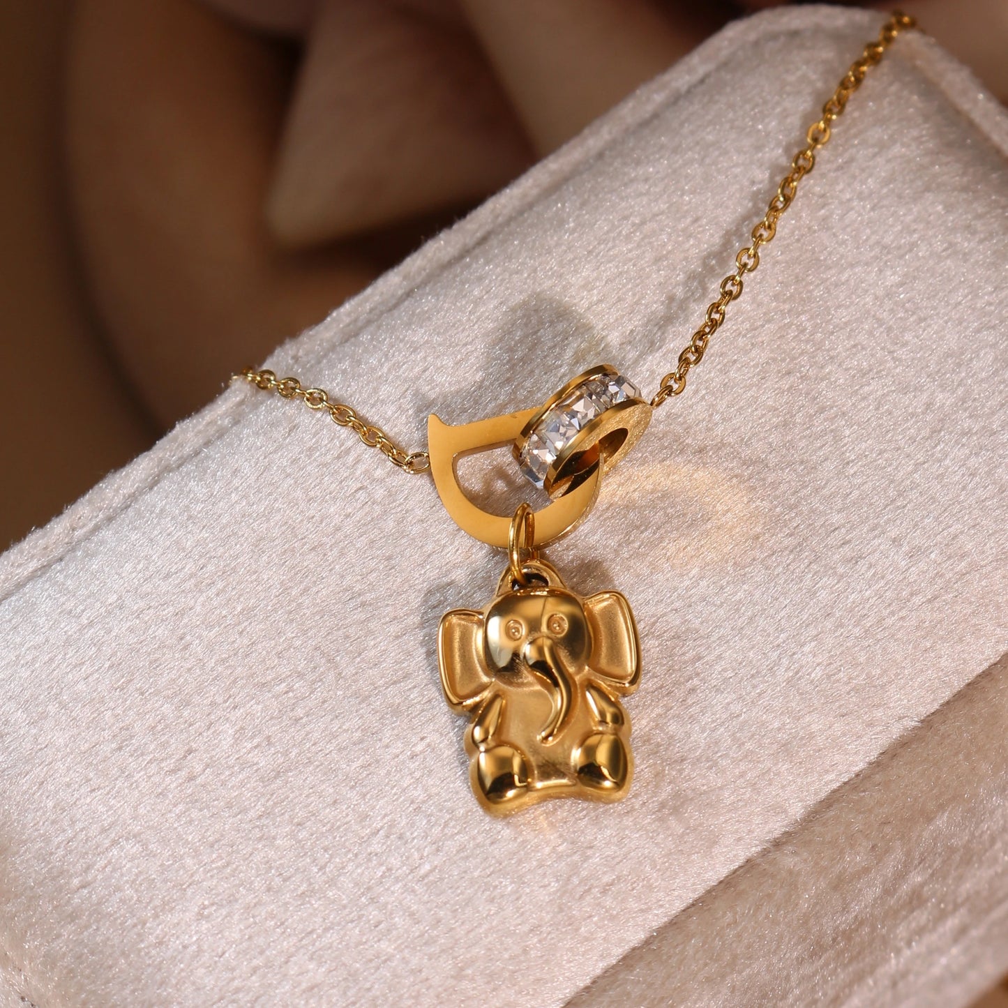 Women Small Elephant Zircon Roman Numeral 18K Gold-Plated Stainless Steel Necklace