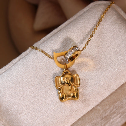 Women Small Elephant Zircon Roman Numeral 18K Gold-Plated Stainless Steel Necklace