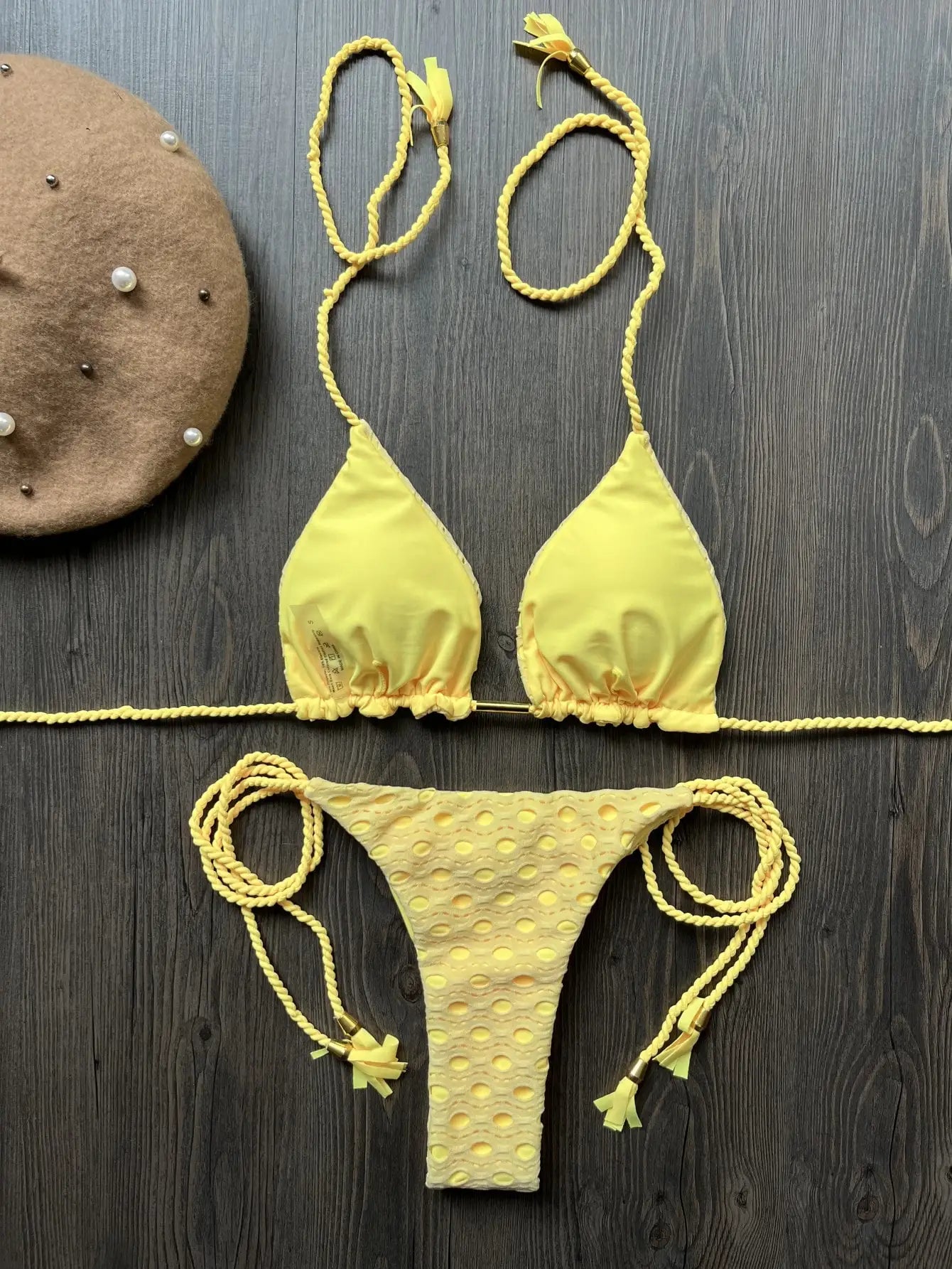Women's two-piece set w/ push up hanging neck solid color bikini beach swimsuit