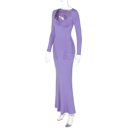 Women Square Collar Long Sleeve Long Gown Fashion Elegant Solid Bodycon Maxi Dress