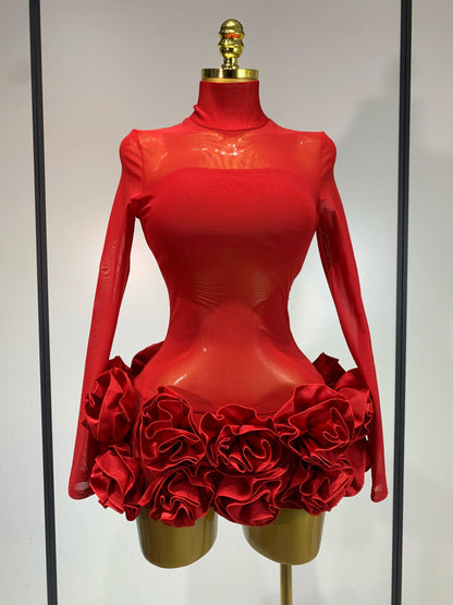 Sexy Mesh See through Stereoscopic Flowers White Red Mini Bandage Birthday Evening Party Dress