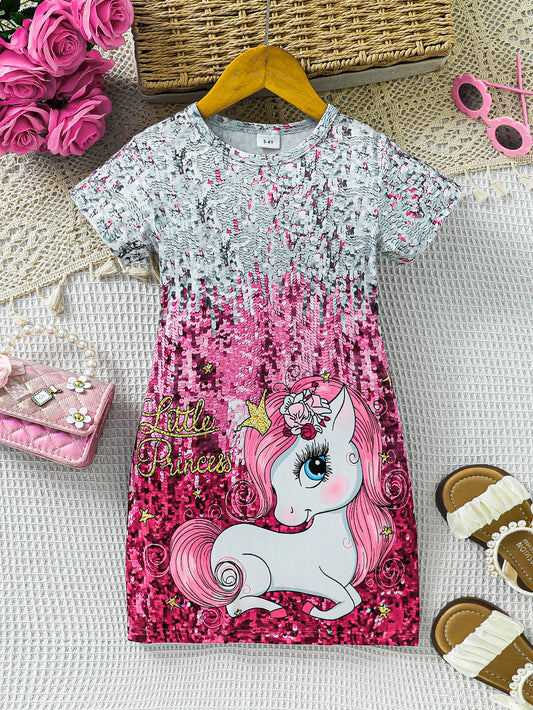 Girl's Kids Summer Cartoon unicorn print Imi-tation Bead Printing Short sleeved Dress