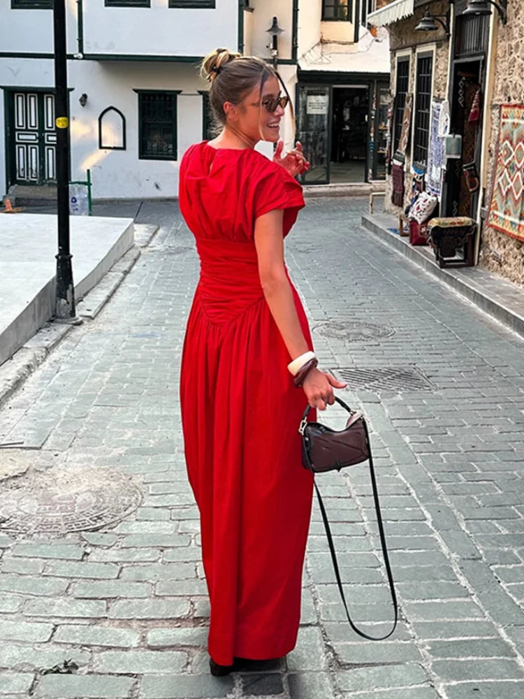 Women Red O-neck Pleated Maxi Fashion Short Sleeves High Waisted Evening Dress