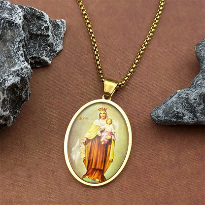 Women Men Stainless Steel Gold Color Catholic Amulet Virgin Mary Hold Baby Jesus Glass Medal Pendant Necklace