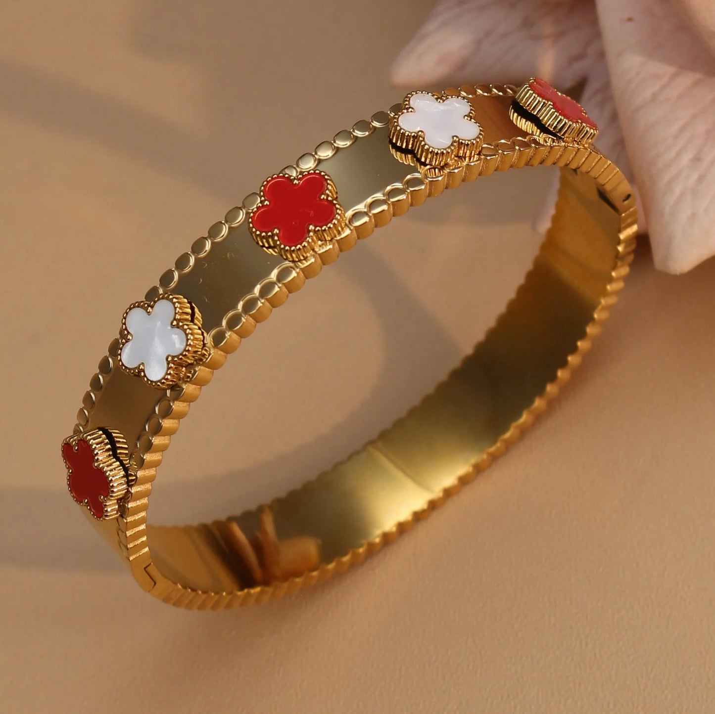 Women Acrylic Flower Shape Stainless Steel 18k Gold Color Bracelet Bangles