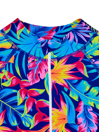 Girls Kids One-Piece Long Sleeve All-over Plant Print Beach Boyleg Shorts Swimming Suit Swimsuit