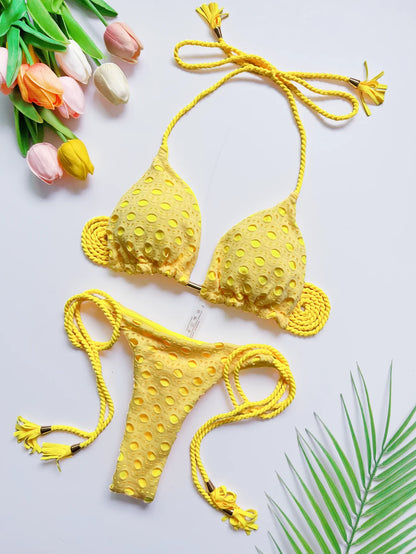 Women's two-piece set w/ push up hanging neck solid color bikini beach swimsuit