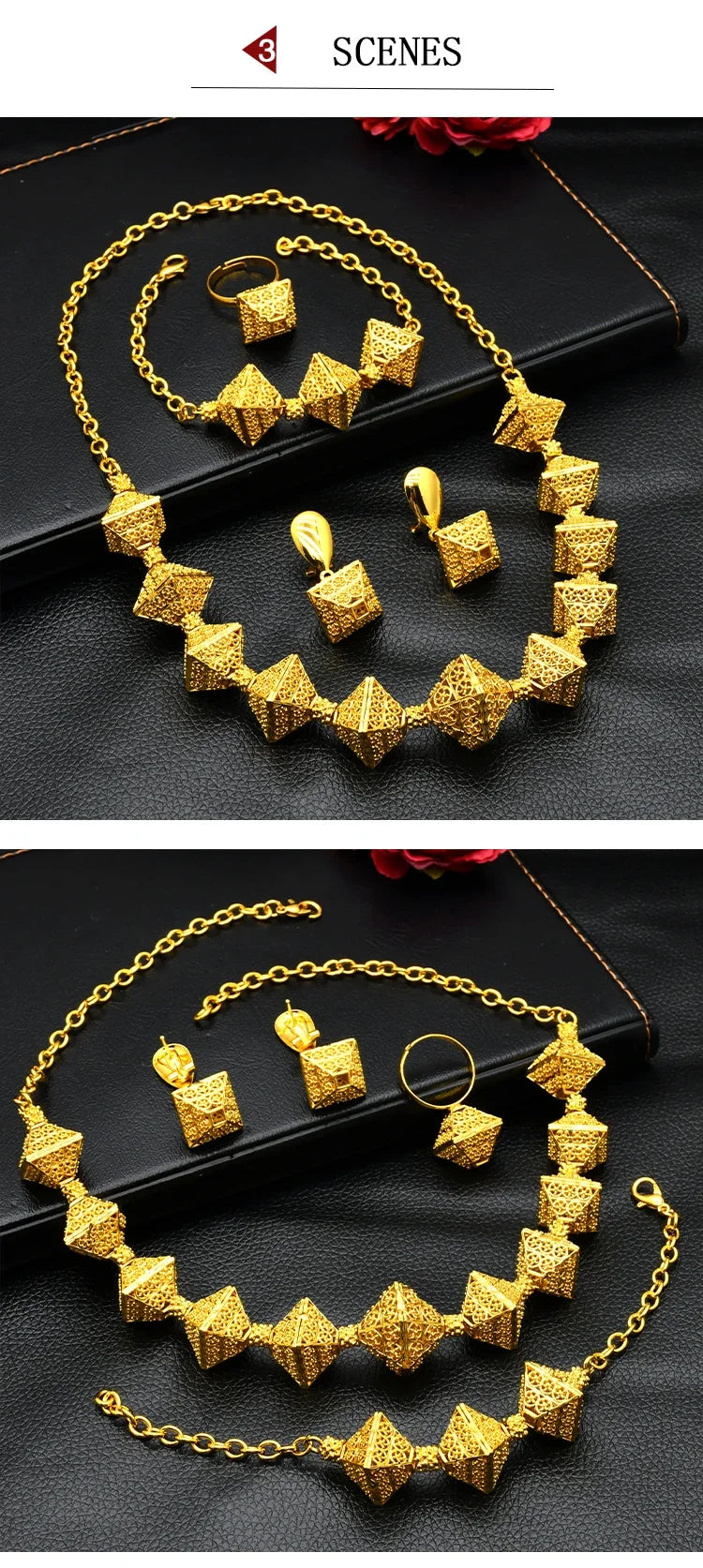 Fashion Indian 24K Gold Color Women African Wedding Dubai Necklace Earrings Bracelet Ring Jewelry Set