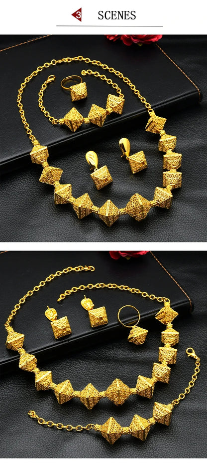 Fashion Indian 24K Gold Color Women African Wedding Dubai Necklace Earrings Bracelet Ring Jewelry Set