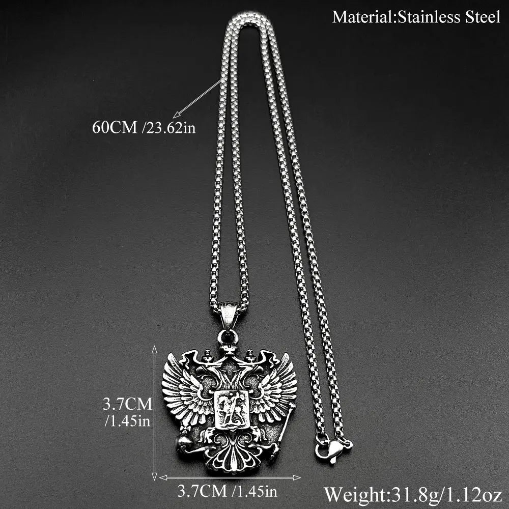 Women Men Silver Color Stainless Steel Russian Double-Headed Eagle National Emblem Symbol Pendant Necklace