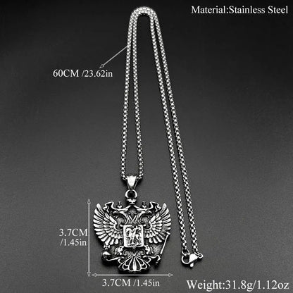 Women Men Silver Color Stainless Steel Russian Double-Headed Eagle National Emblem Symbol Pendant Necklace