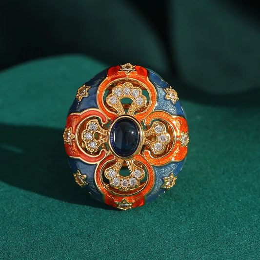 Women Vintage Enamel Adjustable 18K Gold Plated Floral Gemstone Ring