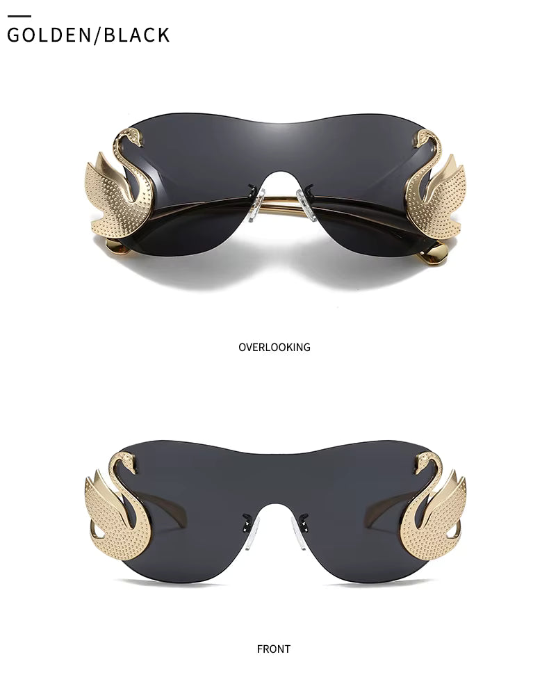 Y2k Women Fashion Swan Inlay Gradient Lens Shades Oversized Rimless Sunglasses Glasses